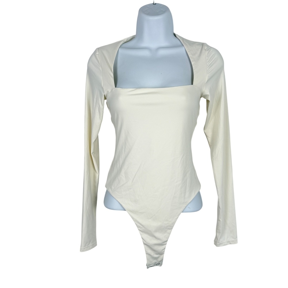 Qinsen Bodysuit Womens Small Square Neck Long Sleeve Thong Cream